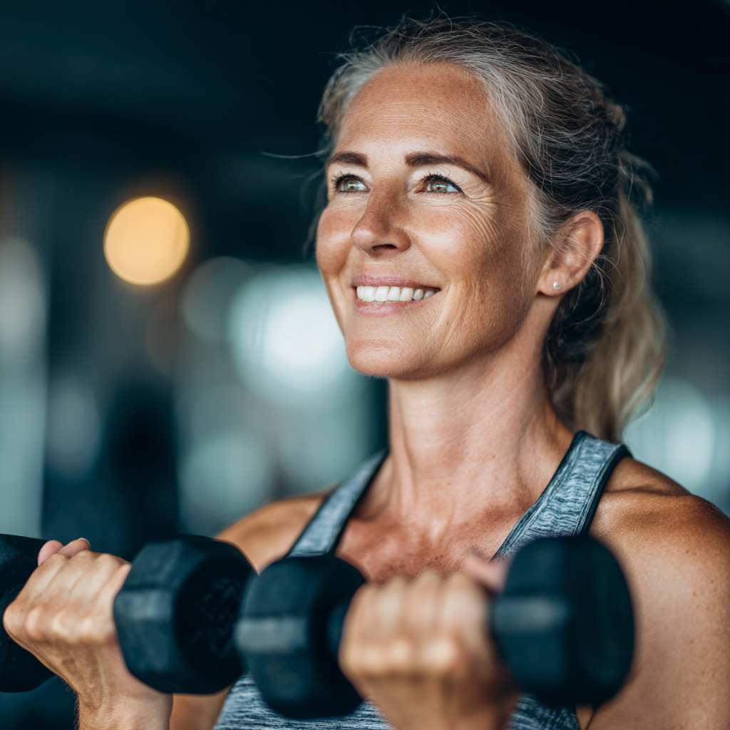 Активна жінка віком 55 років виконує силові вправи з гантелями в сучасному спортивному залі, посміхається та демонструє впевненість