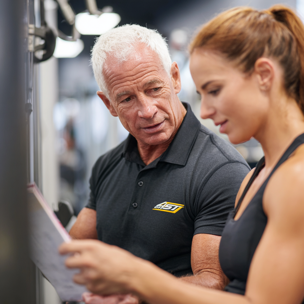 Досвідчений тренер віком 58 років консультує клієнтку в спортивному залі, показуючи правильну техніку виконання вправ