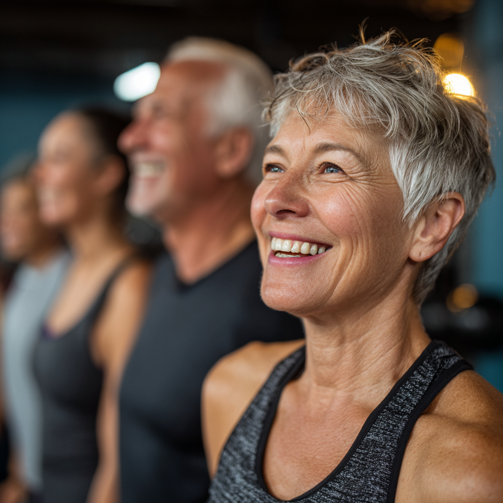 Група активних людей віком 50-60 років під час групового тренування в залі, усі посміхаються та виглядають енергійно